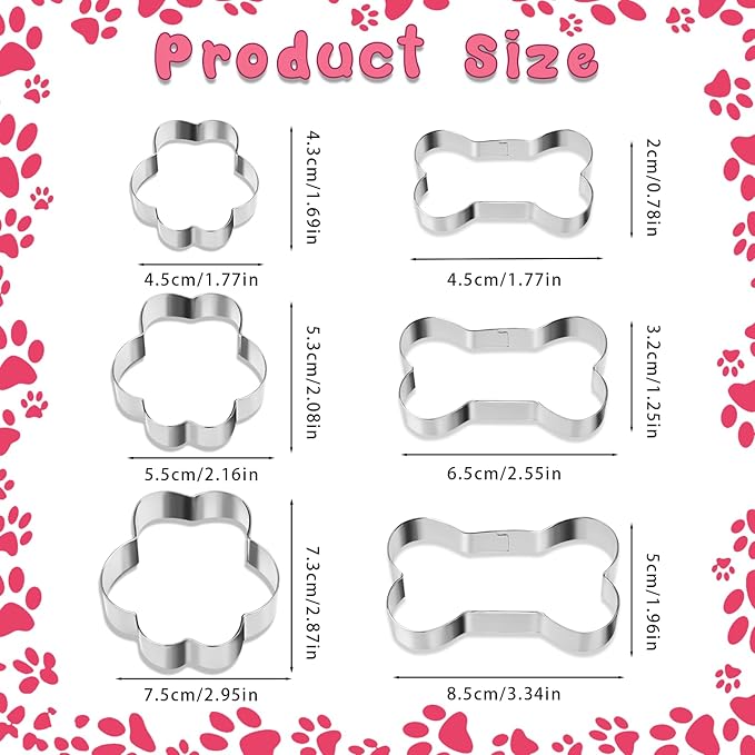 TIESOME 6 PCS Dog Bone Cookie Cutter, 3 Sizes Bone & Paw Print Cookie Cutters Set Stainless Steel Biscuit Mold Dog Theme Party Biscuit Cutter for Theme Party, Treats, and Homemade Baking