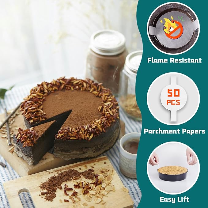 8 Inch Cake Pan Set for Baking - 2 Round Cake Pans with 50 Pieces Parchment Paper, Nonstick Deeper Circle Cake Baking Pans Sets for Baking-Black