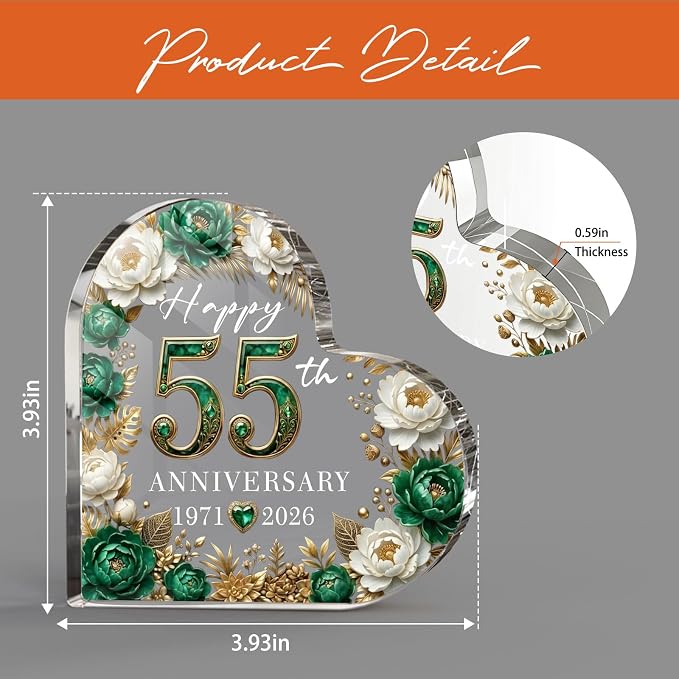 55th Anniversary Cake Topper Acrylic,55 th Anniversary Decorations & Keepsake Gift for Couples（55th Anniversary-Green Floral）