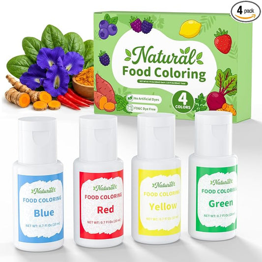Natural Food Coloring - FD&C & Artificial Dye Free Formula Color 4x20ml Large Bottle Natural Food Dye Set for Icing Frosting Cake Baking Easter Egg Fondant Cooking Decorating - 0.7 Fl. oz/Bottles