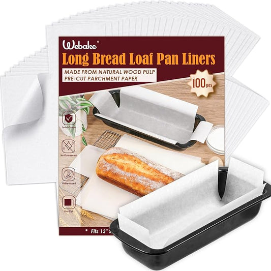 Webake Unbleached Parchment Paper Large Loaf Pan Liners for 13" x 5" Long Baking Bread, Original Precut, Non Toxic 100Pcs