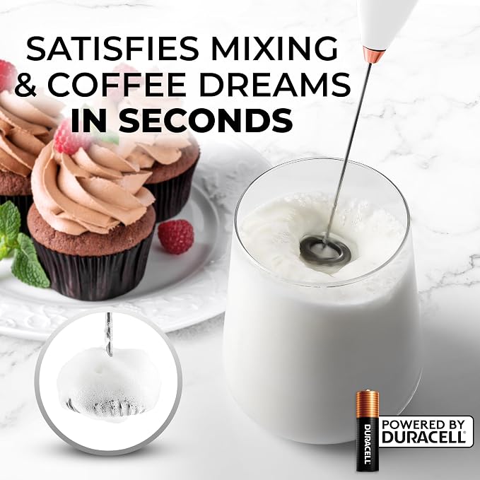 Zulay Powerful Milk Frother for Coffee with Upgraded Titanium Motor - Handheld Electric Whisk, Milk Foamer, Mini Mixer & Coffee Blender for Frappe, Latte, Matcha, No Stand - Gold & White