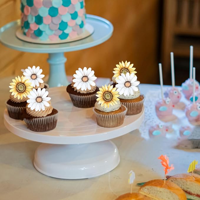 60 PCS Edible Sunflower Cupcake Toppers Edible Flowers Cake Decorations Wafer Paper Sunflower Party Decorations for Baby Shower Birthday Party Cake Toppers Food Decorations Supplies Yellow White