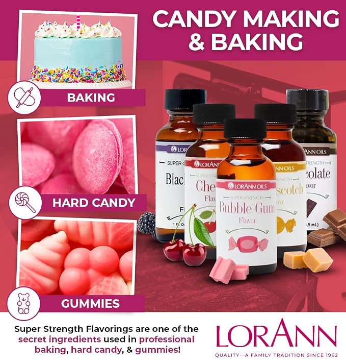 LorAnn Oils Super Strength Flavoring - Used For Candy Making, Flavoring Extracts, Baking, Hard Candy, and Flavor Oils - Bold, Natural Flavors 4X Stronger Than Extracts - Bubble Gum, 4 fl oz