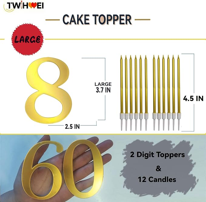 3.7IN Gold Acrylic Number 8 Cake Topper with 12 Gold Long Candles - Perfect for 8th Birthday Party Supplies, Ideal for Cake Decoration