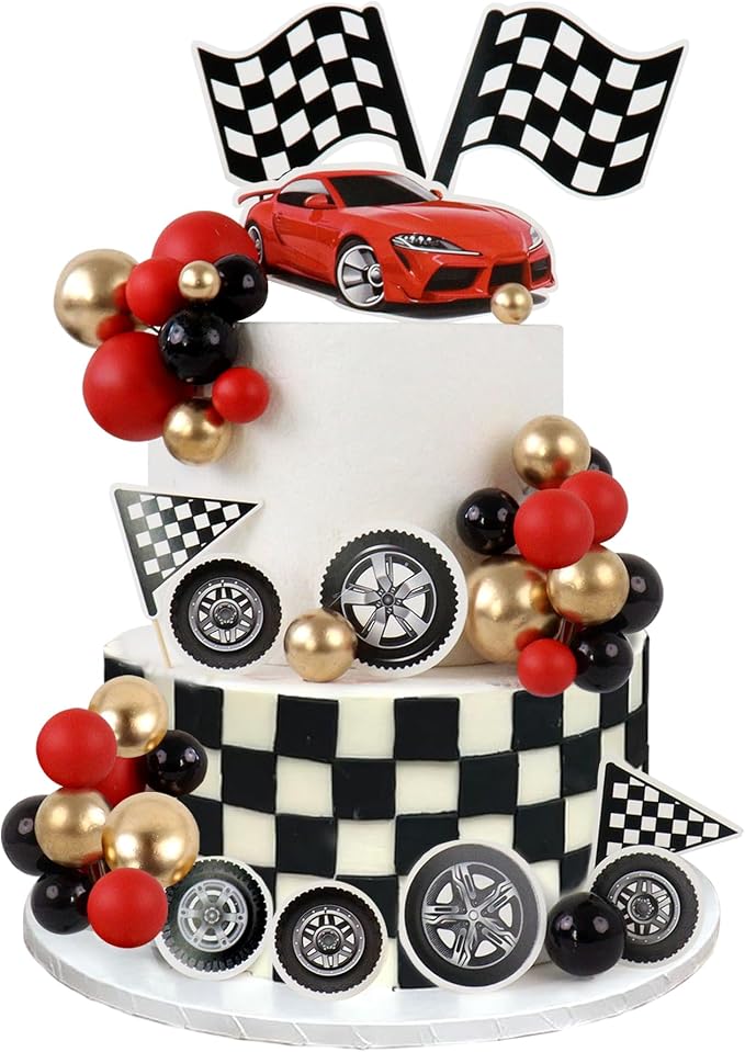 Ercadio 42Pcs Black Red Race Car Birthday Cake Toppers Checkered Flags Wheel Cupcake Toppers Multicolor Balls Cake Decorations for Kids Racing Birthday Cake Decoration Race Car Party Supplies