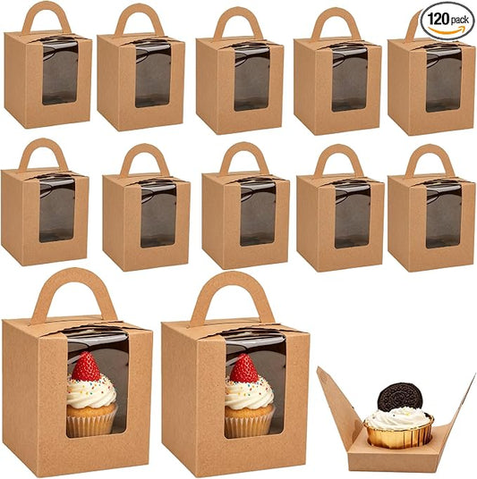 120 Pack Single Cupcake Box, Kraft Paper Individual Cupcake Container with Window Inserts, Brown Cupcake Packaging Box with Handles for Muffin, Cocoa Bomb, Party Favor Pastry Treat Boxes