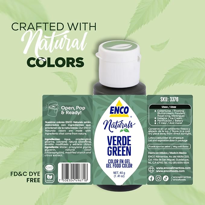 ENCO Natural Food Coloring Gel Green (1.41 oz) – No Artificial Dyes, Vibrant Colors for Icing, Buttercream & Fondant – Kosher & Vegan Colors – Baking & Cake Decorating