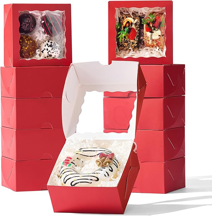 50-Count 4x4x2 Inches Food-Safe Classic Red Bakery Boxes - Multi-Use Pastry & Treat Packaging for Cookies, Truffles & Wedding Favors (Stackable Gift Boxes for Cakes, Pies & Cinnamon Rolls)