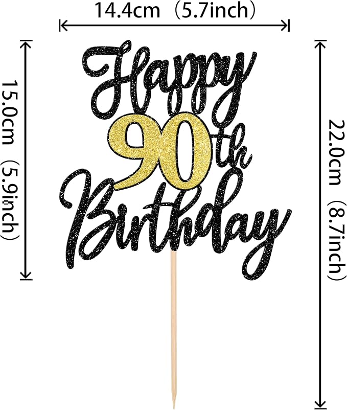 1 PCS Happy 90th Birthday Cake Topper Black Gold Glitter Cheers to 90 Years Birthday Cake Pick 90 Fabulous Cake Decoration for Happy 90th Birthday Anniversary Party Decorations Supplies