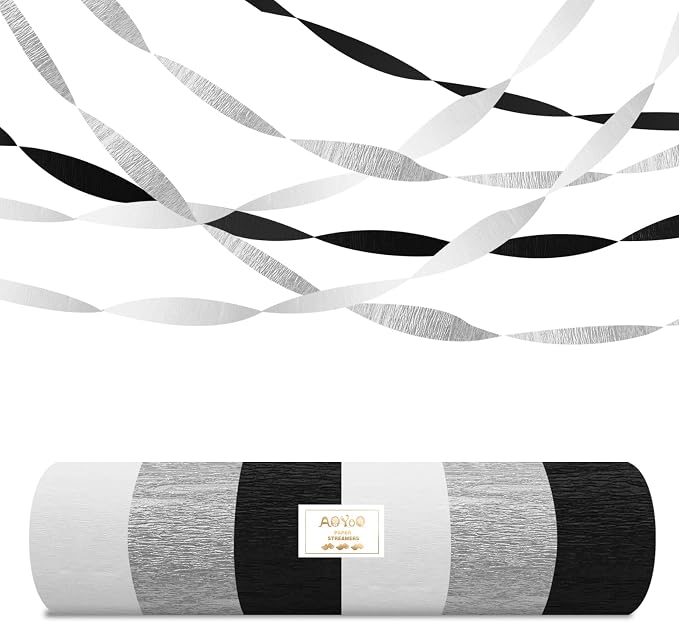 Black Silver White Crepe Paper Streamers - 6 Rolls Party Streamer Decorations for Graduation 2026, New Year's Eve, Birthday, Wedding, Retirement Party Supplies - Silver & Black Hanging Backdrop Decor