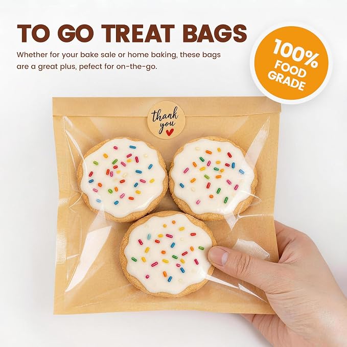 300 Pack Cookie Bags with Seal, 7.1x7.5 Inch Heat Sealable Bakery Bags with Window Grease Resistant Paper Packaging Sleeves for Bake Sale Bagel, Cake Slice, Sandwich, Donut, Pastry