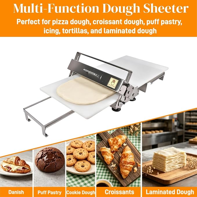 15.5" Folding Dough Sheeter, Stainless Steel Manual Dough Roller | 55 Adjustable Thicknesses, Includes Sheeter Board, Commercial Grade, For Pizza, Croissants and Puff Pastry
