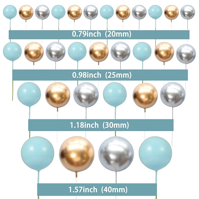 Gyufise 30Pcs Mini Balloon Cake Topper Foam Ball Cake Picks Decorations Faux Pearl Balls DIY Cake Topper Decoration for Baby Shower Wedding Anniversary Birthday Party Supplies Gold Silver Blue