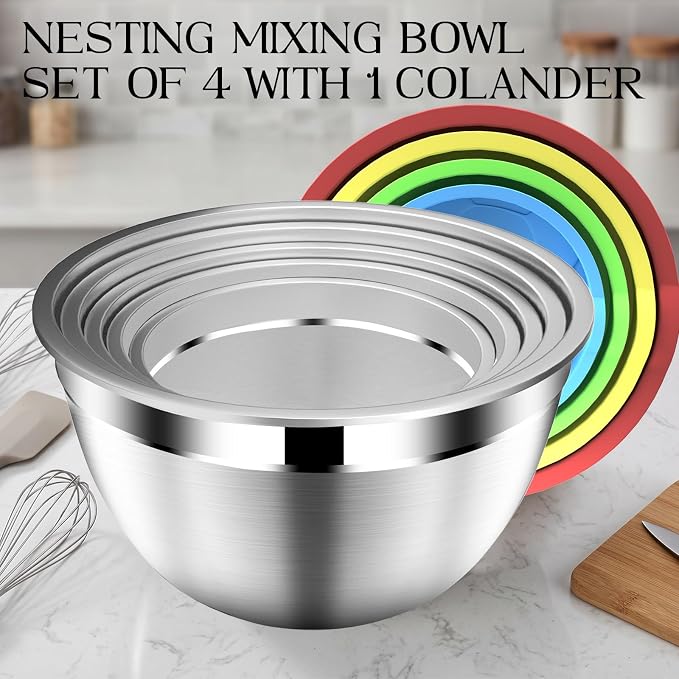 DUTZUN Mixing Bowls with Strainer, Mixing Bowl with Lids Set, Stainless Steel Mixing Bowls, Kitchen Gadgets Salad Bowls with Strainer for Mixing & Preping & Serving, Multicolor