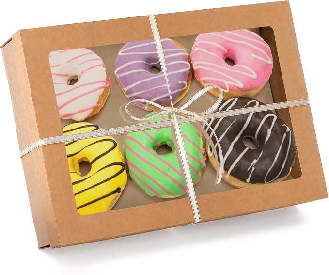 yarlung Set of 10 Kraft Bakery Box with Clear Window Lid, 14"x10"x3" Foldable Brown Paperboard Food Wrapping Tray with Greaseproof Paper for Cookies, Donuts, Pies, Picnic, Gift Packaging Ribbon