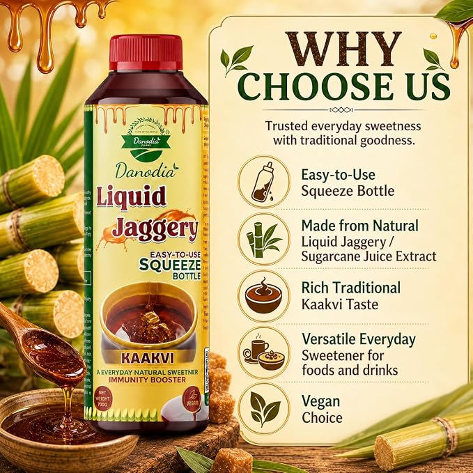 Danodia Foods Organic Liquid Jaggery Syrup, Gur Sweetener, 700g, Gur Cane | Pourable sugarcane sweetener for tea, coffee, baking, desserts, sauces, cooking and daily recipes; no preservatives used
