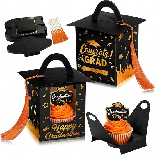 Outus 30 Pcs Graduation Cupcake Boxes Graduation Gift Box Congrats Grad Cupcake Container Candy Boxes with Window and Tassel for 2026 College High School Grad Party (Black and Orange)