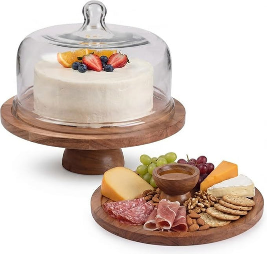 Cake Stand with Clear Dome Lid – 12 Inch Acacia Wood 2-in-1 Reversible Cake Stand & Charcuterie Board – Cake Keeper with Cover for Kitchen, Party & Home Decor