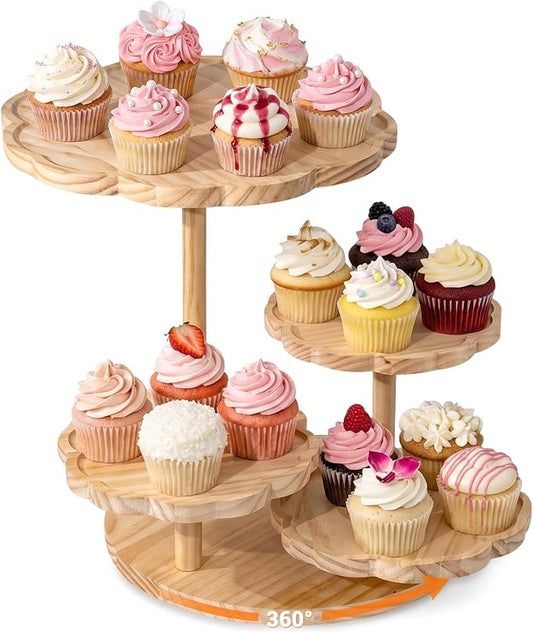 4 Tier Rotatable Wooden Petal Shape Cupcake Stand, Tiered Dessert Display Tower Holds Up to 50 Cupcakes for Wedding & Birthday