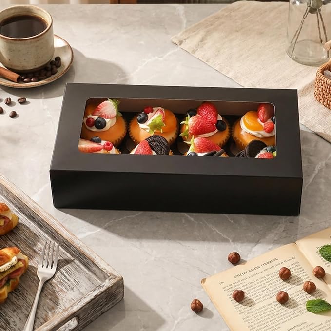 15 Black Cupcake Boxes 8 Count with Window and Inserts, Cupcake Containers, Mother's Day Cupcake Boxes for Cupcakes, Muffins, Cookies