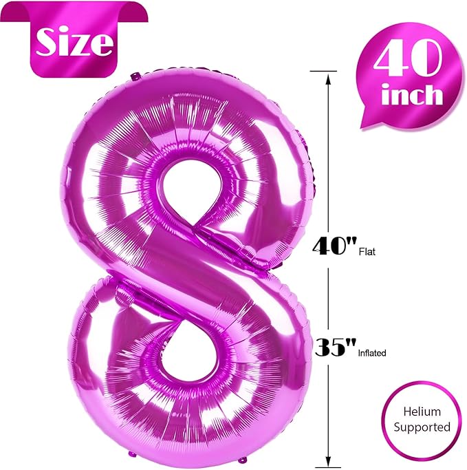 Rosy Purple 8 Balloon, Number Balloons 40 Inch, 8th Birthday Decorations for Girls, Birthday Balloons, Rosy Purple Party Supplies, Number 8 Balloon