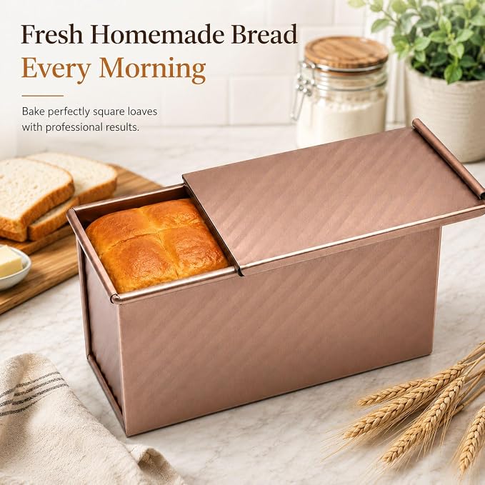 Pullman Loaf Pan with Lid 2 Pack, Carbon Steel Nonstick Bread Baking Pans with Sliding Lid, Gold Toast Mold for Sandwich Bread and Square Loaf, Small and Large Sizes, Oven Safe to 446°F