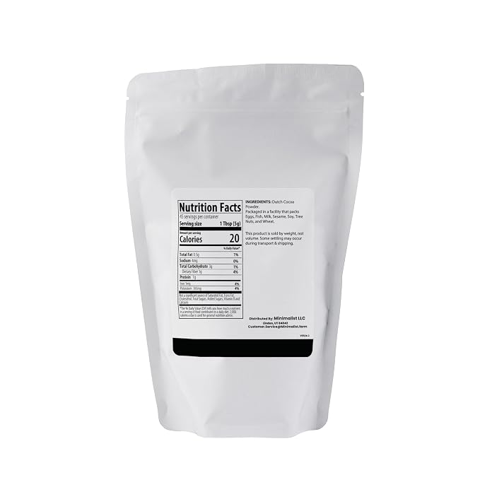 Minimalist Cocoa Powder, Dutch Process for Baking and Beverages, Packaged for Convenience in a Resealable Bag (8 Ounce)