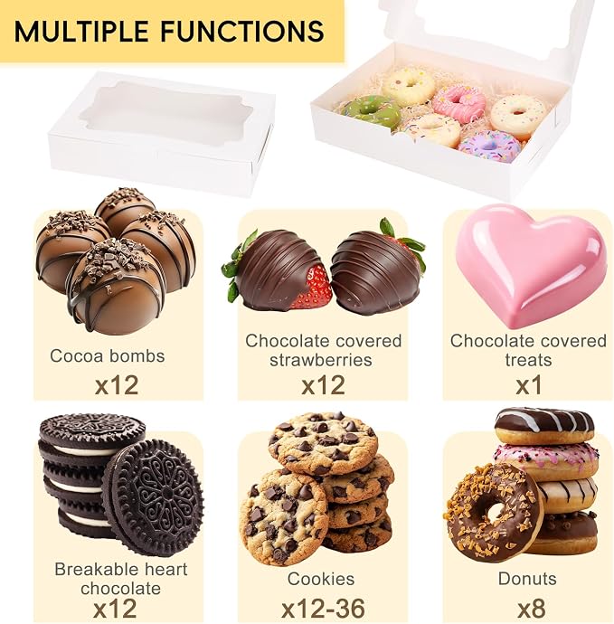 TOMNK 80pcs Cookie Boxes with Window, 12x8x2.5 Inches 4 Style Bakery Boxes, Large White Treat Containers for Chocolate Strawberries, Cakes, Donuts, Muffins and Pastries