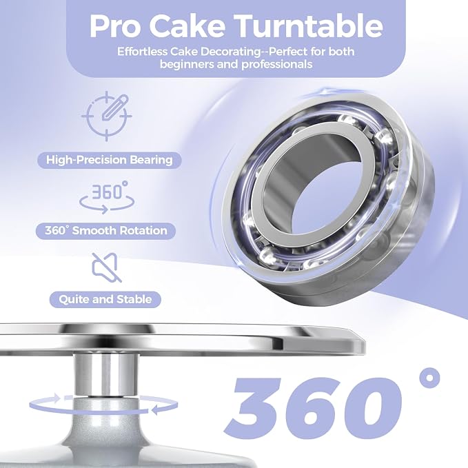 Cake Turntable, Ohuhu Aluminium 12'' Cake Decorating Kit Supplies Rotating Stand Revolving Spinner with 2 Icing Spatula 3 Comb Smoother