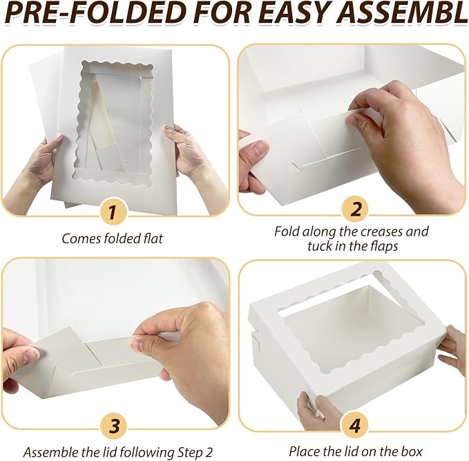 12 Pack White 1/4 Sheet Cake Boxes with Window, 14x10x4 Inch Food-Grade Quarter Sheet Bakery Boxes for Cupcakes, Cookies, Donuts, Pies, Strawberry Chocolates & Party Treats