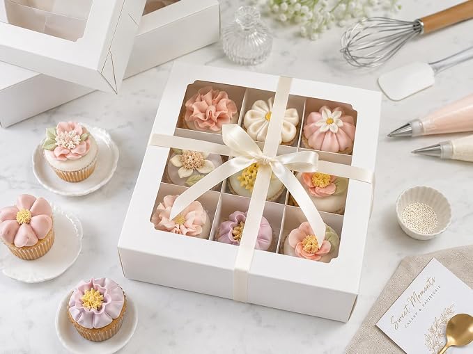 Zealax 9 Inch Bakery Boxes with Window and Dividers Cookie Packaging Treat Boxes for Mini Cupcakes, Chocolate Covered Strawberries, Brownies, and Small Treats for Gift Giving∣Pack of 6, 9x9x2.75 inch
