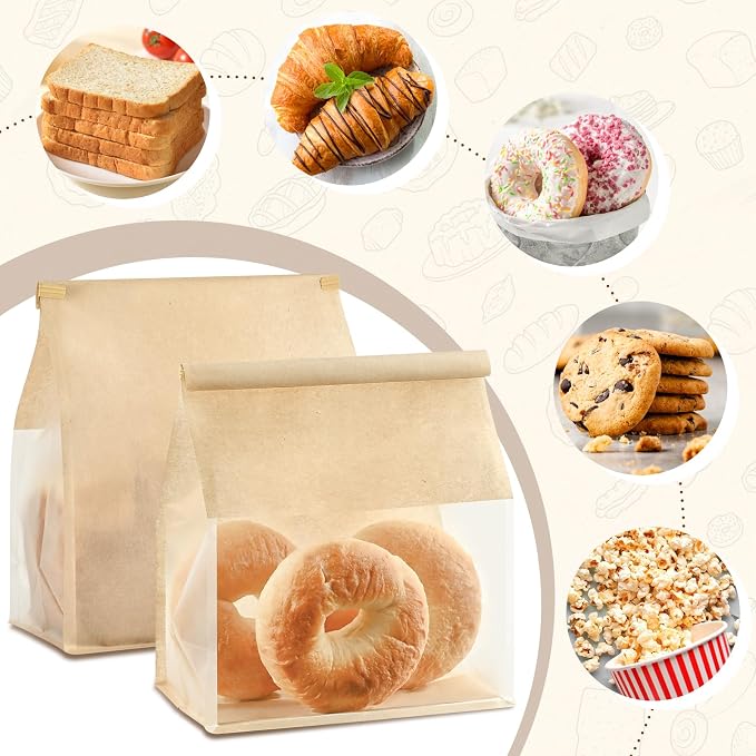 Ohuimrt Paper Bread Bags for Homemade Breads, 50 PCS, 11" x 8.7" x 4.3" | Tin Tie Tab Lock, Window, Kraft Bakery Bag, For Sourdough Bread Baked Food