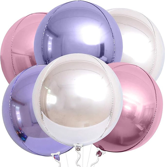 KatchOn, Pink Purple Silver Round Foil Balloons - 22 Inch, Pack of 6 | Metallic Giant 4D Round Balloons for Princess Party Decorations | Foil Balloon For Birthday, Gender Reveal, Baby Shower