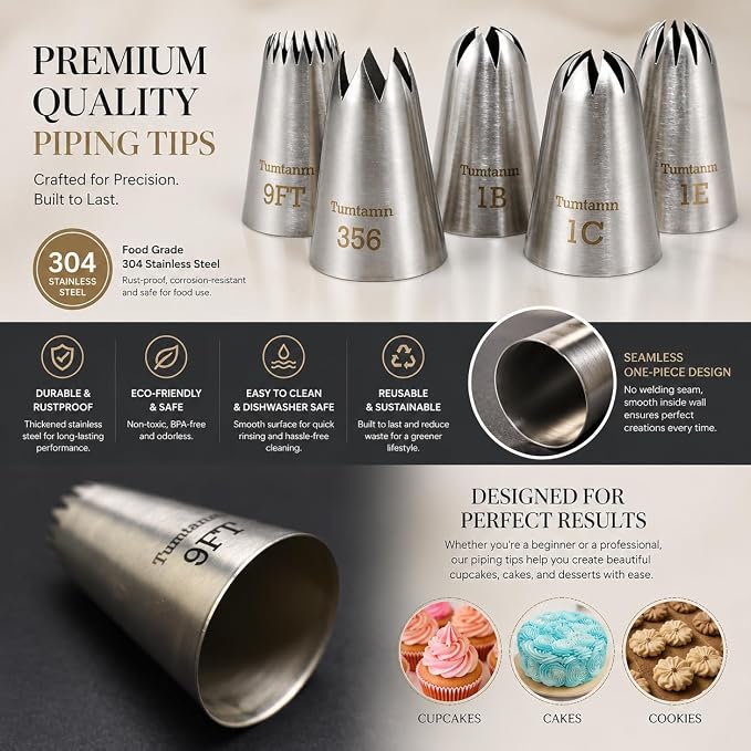 5 Pack Extra Large Piping Nozzles, 9FT 1B 1C 1E 356# Seamless Stainless Steel Piping Icing Tips for Cupcake