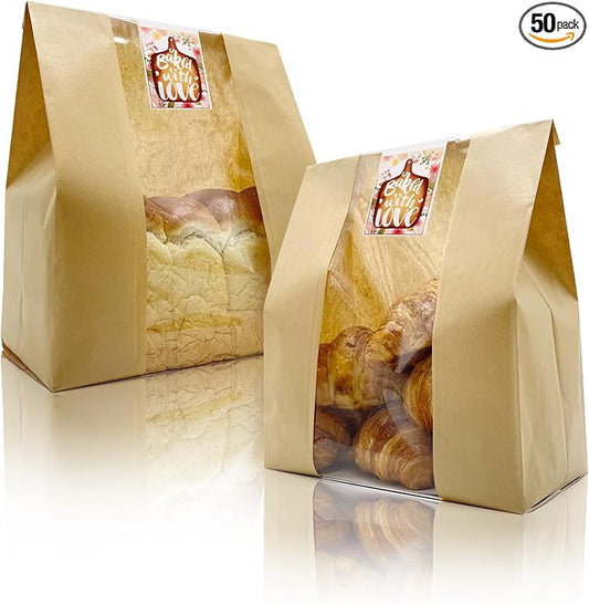BIUBIU 16 x 10 x 5 Inches Extra Large Paper Bread Bags for Homemade Bread with Window and Sticker for XL Sourdough Bread, Supersized Loaf, Baked Goods, Packaging for Gifting - Brown Kraft 50 Pack