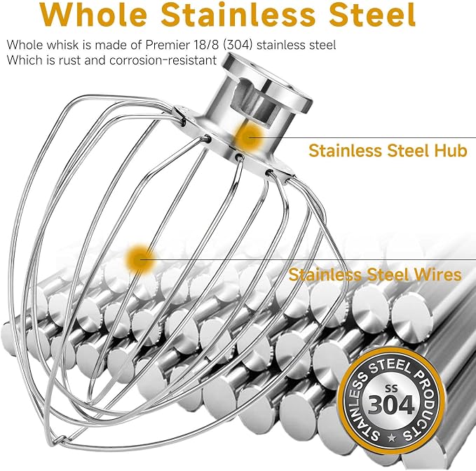 K45WW Whisk Attachment for 4.5 5 QT KitchenAid Tilt-Head Stand Mixer, 6 Wire Whip Compatible with Kitchen Aid accessories，Holeless Hub Design, 30% Faster Mixing, Dishwasher Safe