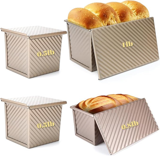 4 Pcs Pullman Loaf Pan with Lid, 1LB/0.8LB/0.5LB Dough Capacity Bread Loaf Pan, Non-Stick Bread Pan, Carbon Steel Sandwich Bread Loaf Pans for for Homemade Baking Sandwich, Bread, Sourdough