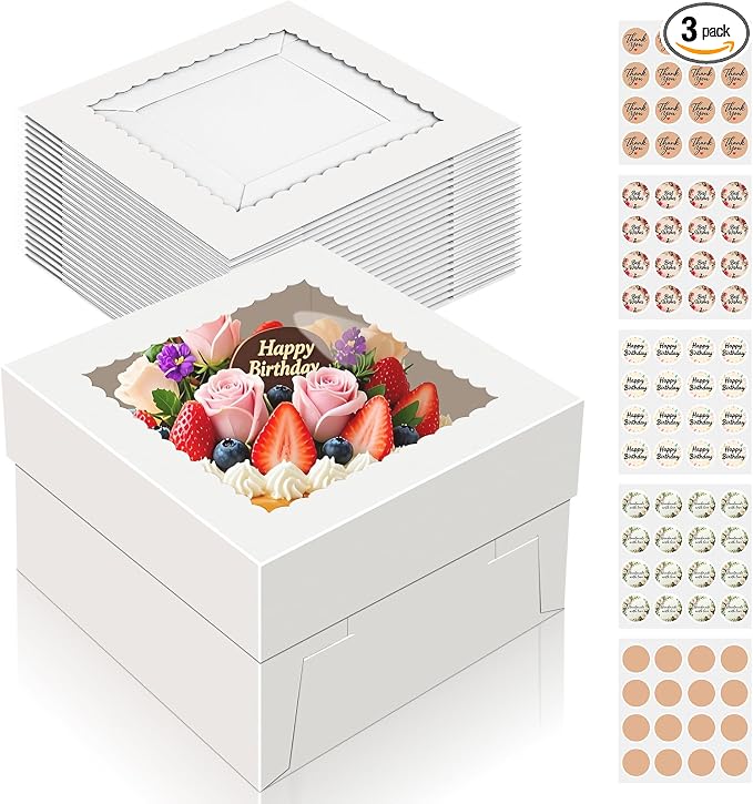 Essenya 15 PCS Cake Boxes 8 Inch, 8x8x5 Inch Cake Box, 8 Inch Cake Box with Window, White Bakery Boxes, Large Baking Boxes, Cajas Para Pasteles, 8x8 Cake Boxes for Birthday, Wedding, Party, Business