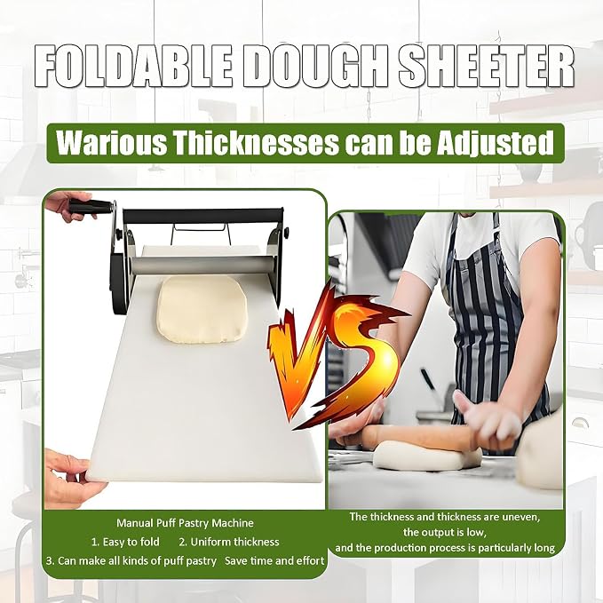Dough Roller Dough sheeter Dough Sheeter, Foldable Manual Pastry and Fondant Sheeter, Adjustable Thickness 0-17.5mm/0-27mm for Commercial and Home Use, Ultra-Compact Design
