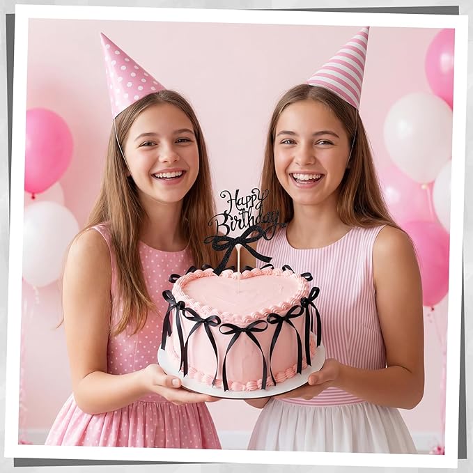 Bow Cake Toppers 18 PCS Black Ribbon Bows for Cake with 1 PCS Happy Birthday Cakes Topper Coquette Themed Bow Birthday Decorations for Wedding, Bridal Shower, Baby Shower, Bachelorette