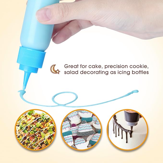 Cookie Icing Bottles, 6 Squeeze Applicator Bottles, 2 each (1, 2 and 4 ounces), Royal Icing Tools, Cake Sugar Cookie Decorating Supplies, Food Coloring, Frosting, Pancake Arts and Crafts Kit