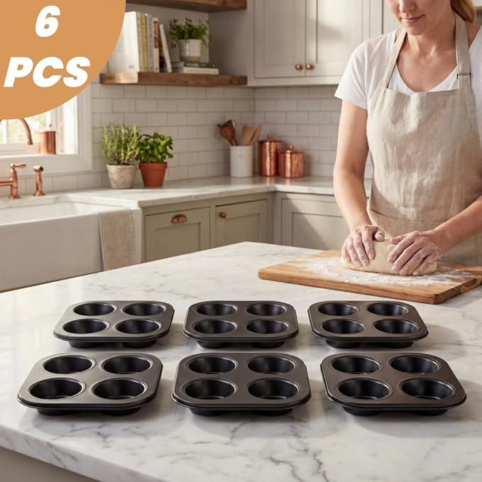 6 Pack Air Fryer Muffin Pan, 4 Cup Non-Stick Small Oven Cupcake Baking Pan, Carbon Steel Round Muffin Tin Bakeware Cake Mould for Egg Muffin, Quiches, Frittatas