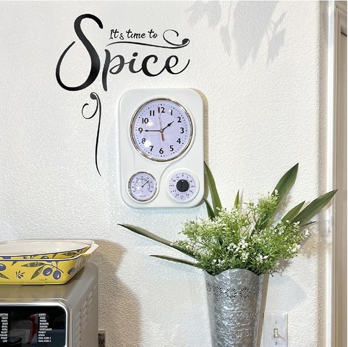 Lily's Home - 9 Inch x 12.5 Inch - Retro Kitchen Wall Clock, Vintage Wall Clock with a Thermometer and 60-Minute Timer, Ideal for Any Kitchen, Office, or Diner (White)