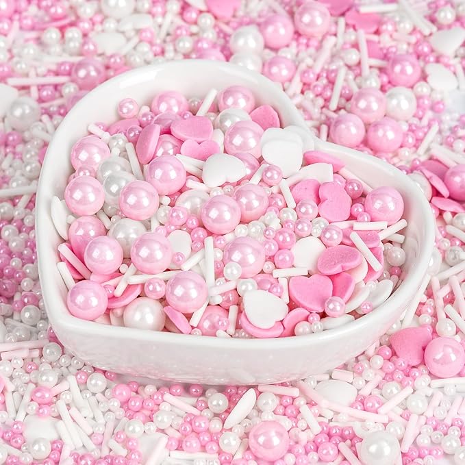 Edible Heart Sprinkles for Cake Decorating,White Pink Pearl Sugar Jimmies Mix Size 130g/4.58oz,Baking Candy Decorations,Cupcake Toppers,Cookie Donuts Ice Cream Dessert Decorating,Wedding Birthday Party Supplies