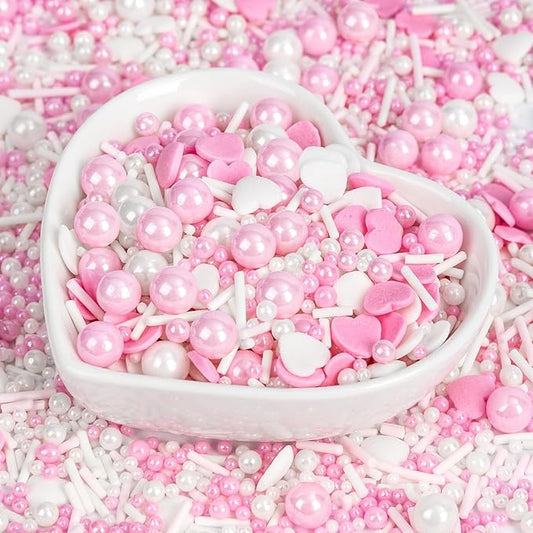 Edible Heart Sprinkles for Cake Decorating,White Pink Pearl Sugar Jimmies Mix Size 130g/4.58oz,Baking Candy Decorations,Cupcake Toppers,Cookie Donuts Ice Cream Dessert Decorating,Wedding Birthday Party Supplies