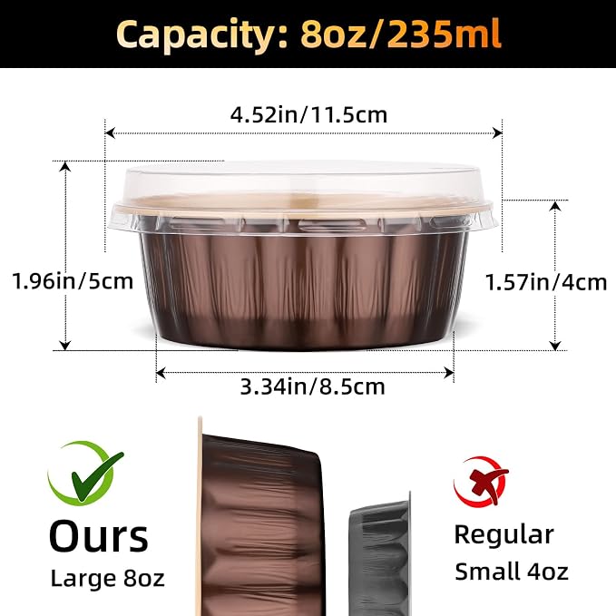 Beasea 8 oz Ramekins with Lids, 120 Pack 8oz Disposable Aluminum Foil Creme Brulee Baking Cups, Round Muffin Mini Pudding Cups Tins Individual Cupcake Containers for Party Birthday - Mocha Almond