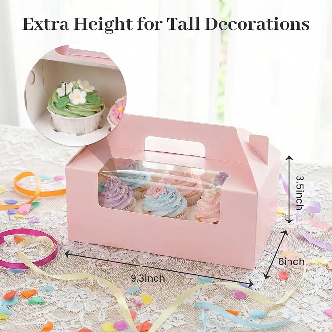 VGOODALL 8 Sets Pink 6-Count Cupcake Boxes with Handles and Inserts, 9.3 x 6 x 3.5 Inch Large Pastry Containers with Windows for Wedding, Birthday, Bakery Supplies, Professional Party Gift Boxes