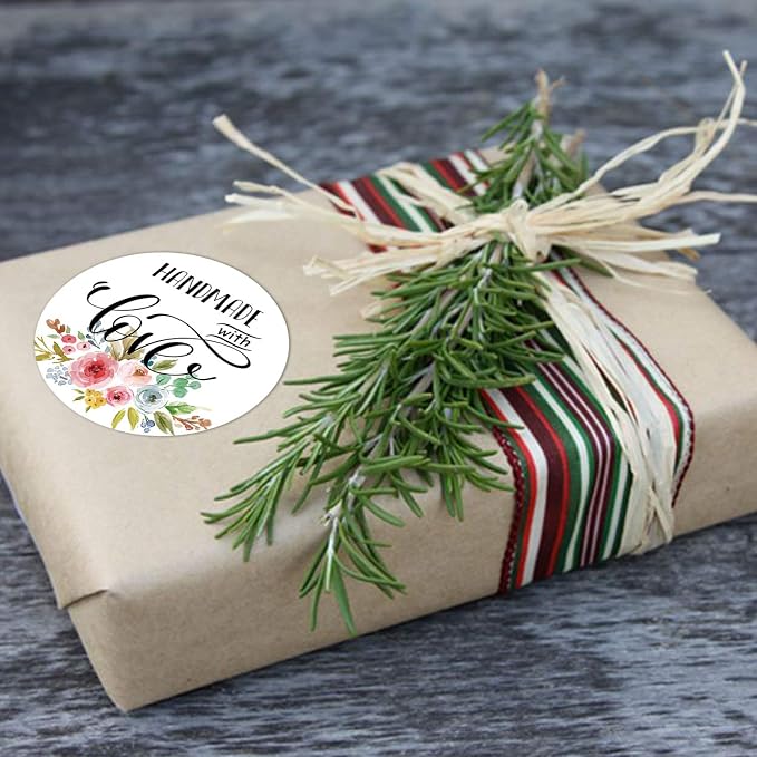 Floral Handmade Stickers, 1.4 Inch Round, 500 Labels per Roll (1 Roll), Adhesive Labels