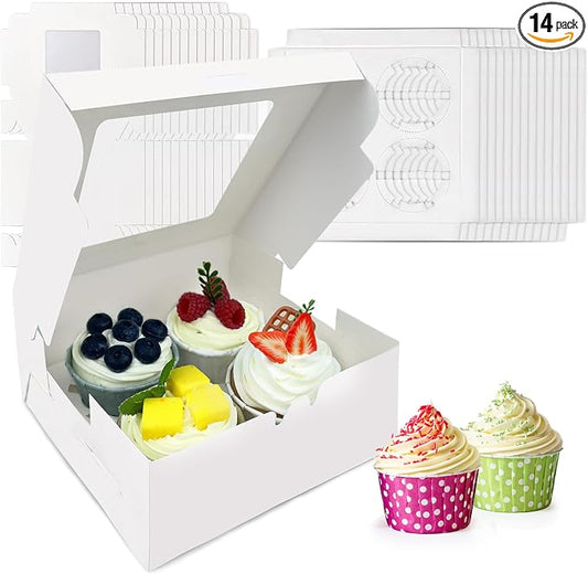 MUMULULU 14 PCS White Paper Cupcake Boxes with 4 Cavity Cookie Gift Boxes with Clear Window 4 Treat Holder Cupcake Containers Bakery Cake Box for Birthday Party Bakery Supplies